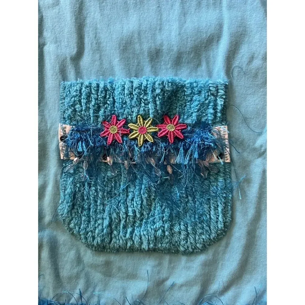 Vintage LAT‎ XL Blue Flower Beaded Tassel Pocket Tee T-Shirt